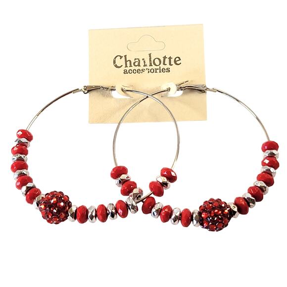 Large Red Beaded Hoop Earrings 3" Silver Tone Rhinestone Accent Pierced Holiday - Picture 1 of 7